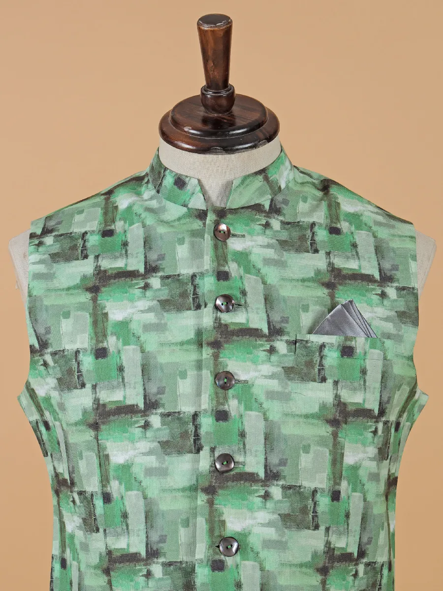 Elegant pista green printed waistcoat in silk