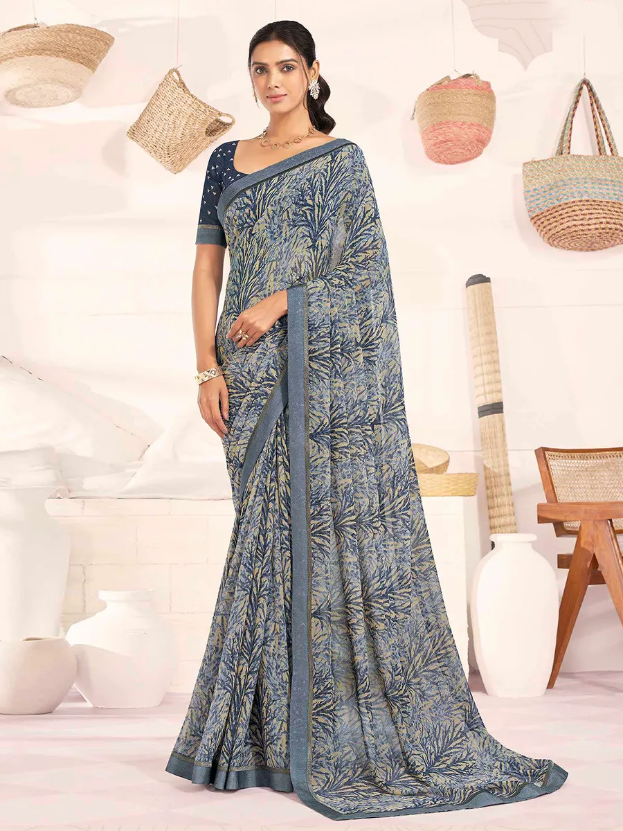 Elegant printed georgette grey saree