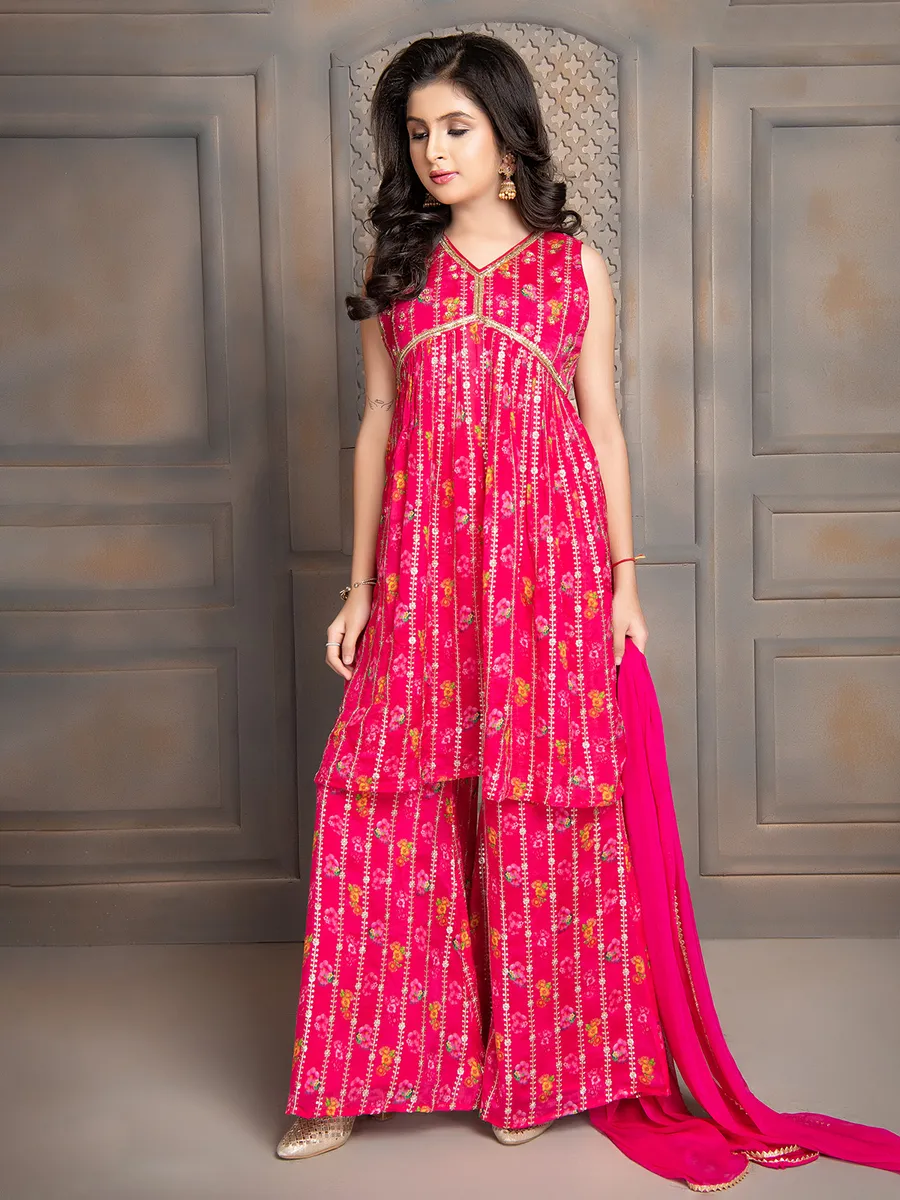 Elegant printed magenta silk palazzo suit