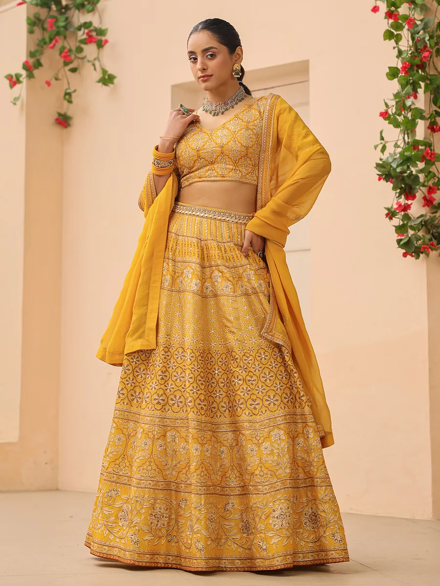 Elegant printed mustard yellow lehenga choli