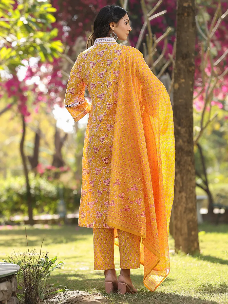 Elegant printed yellow cotton kurti set