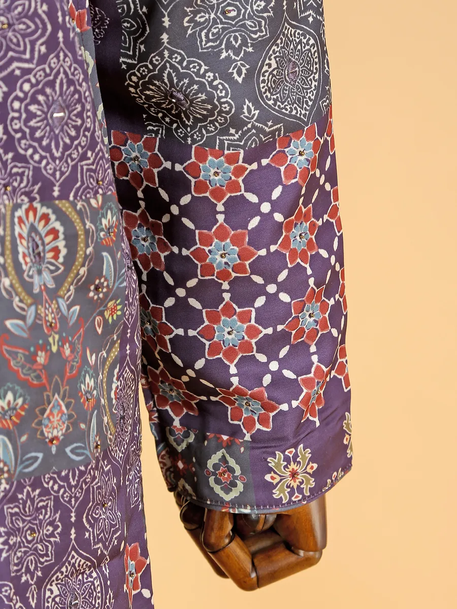 Elegant purple printed silk  Men Kurta pajama