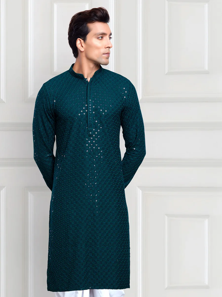 Elegant rama green embroidery  Men Kurta pajama