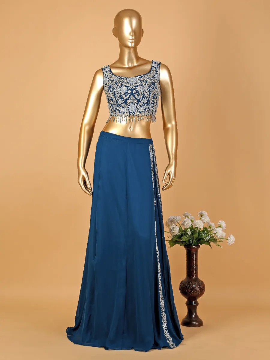 Elegant rama blue georgette ready-drape saree