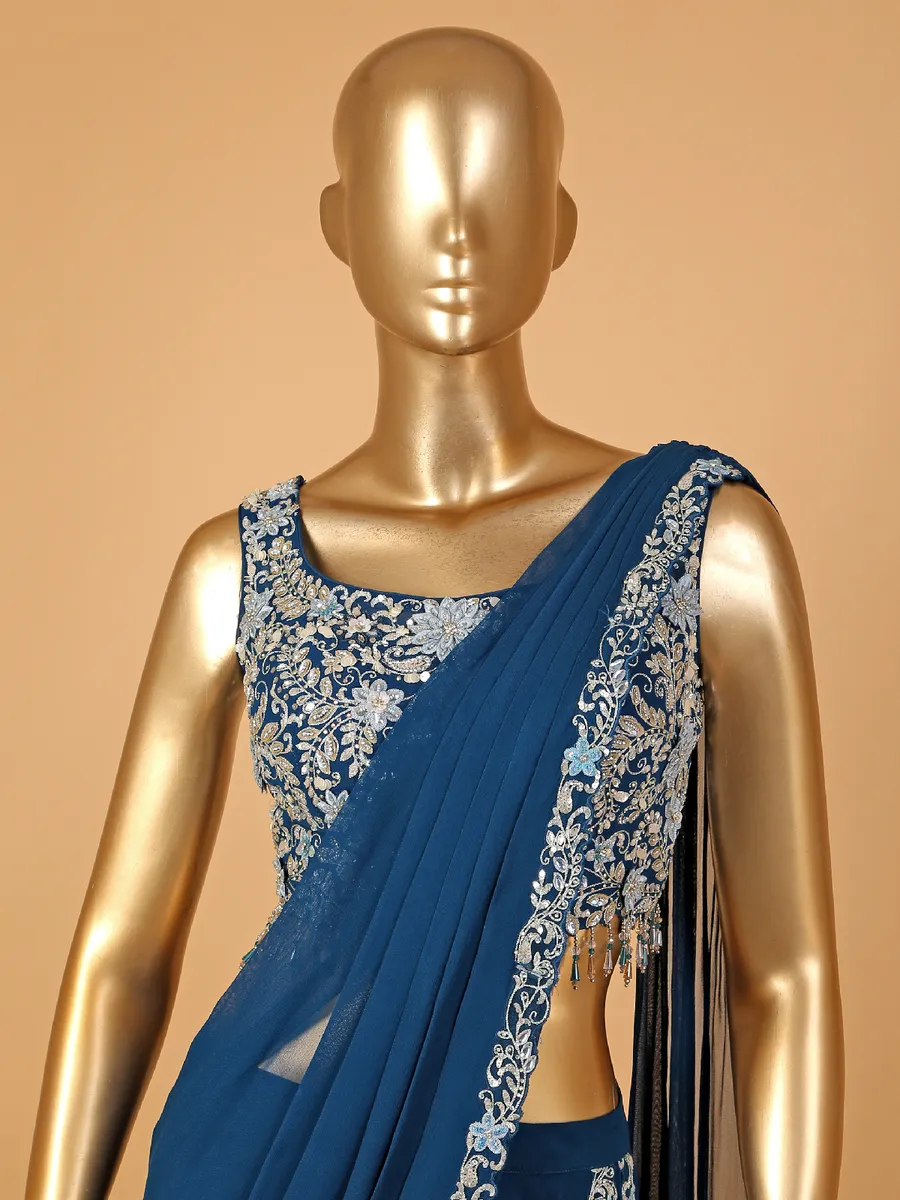 Elegant rama blue georgette ready-drape saree