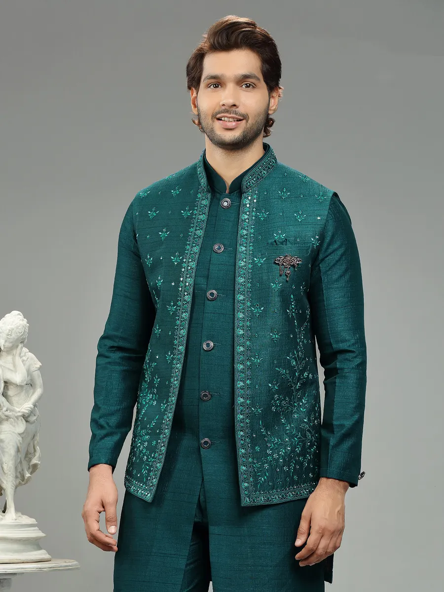 Elegant rama green silk waistcoat set