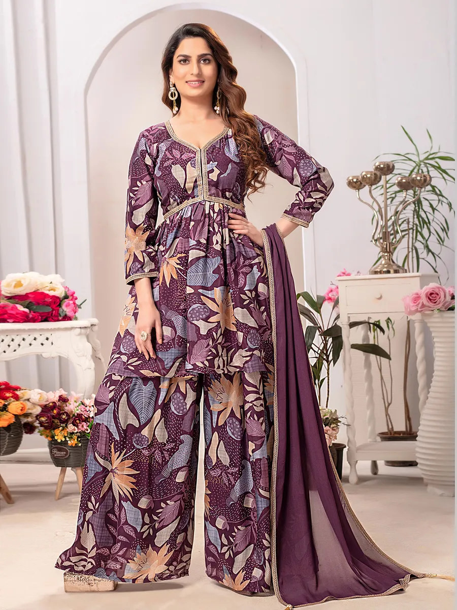 Elegant silk purple printed palazzo suit