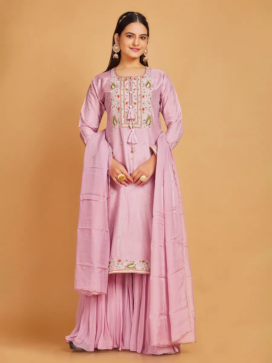 Elegant silk sharara suit in pink