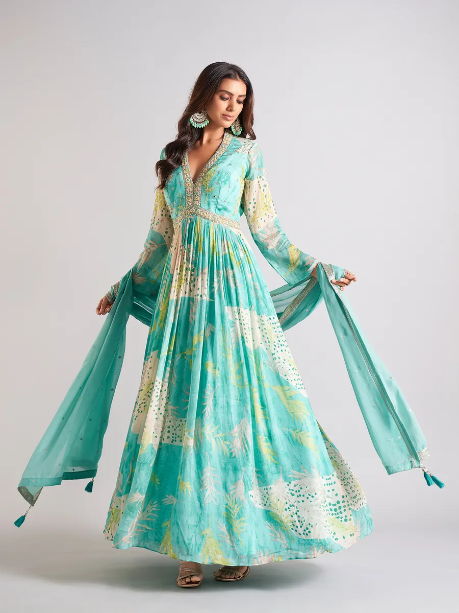 Elegant sky blue anarkali salwar suit