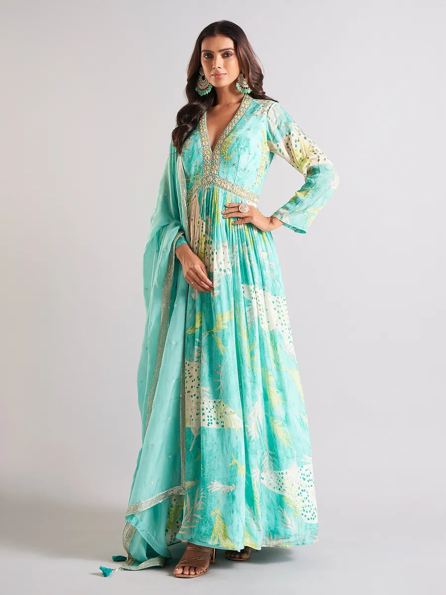 Elegant sky blue anarkali salwar suit
