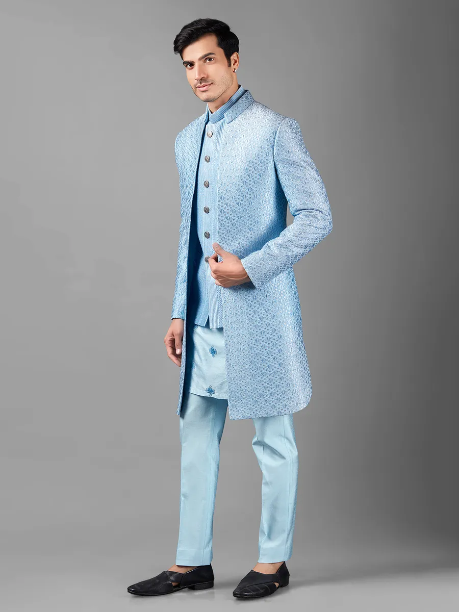 Elegant sky blue indowestern in silk