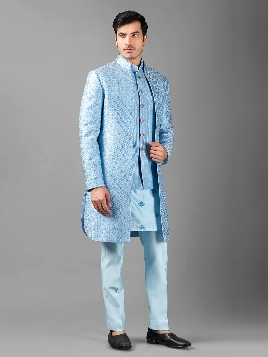 Elegant sky blue indowestern in silk