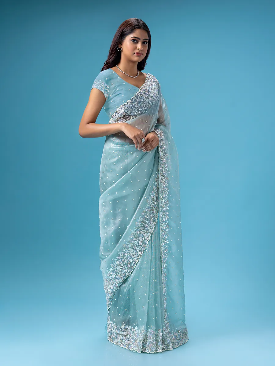 Elegant sky blue organza saree