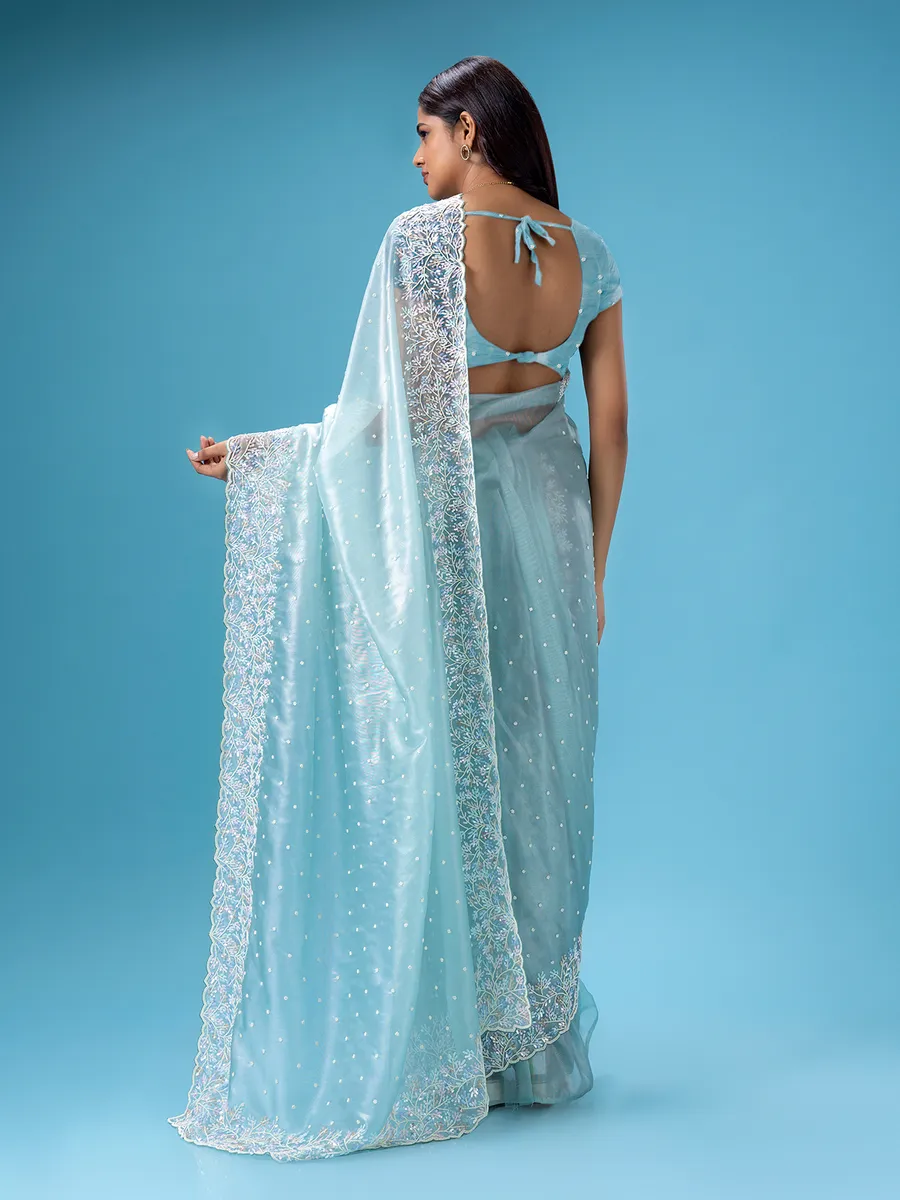 Elegant sky blue organza saree