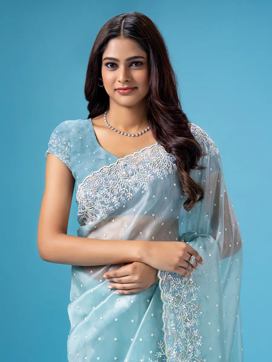 Elegant sky blue organza saree