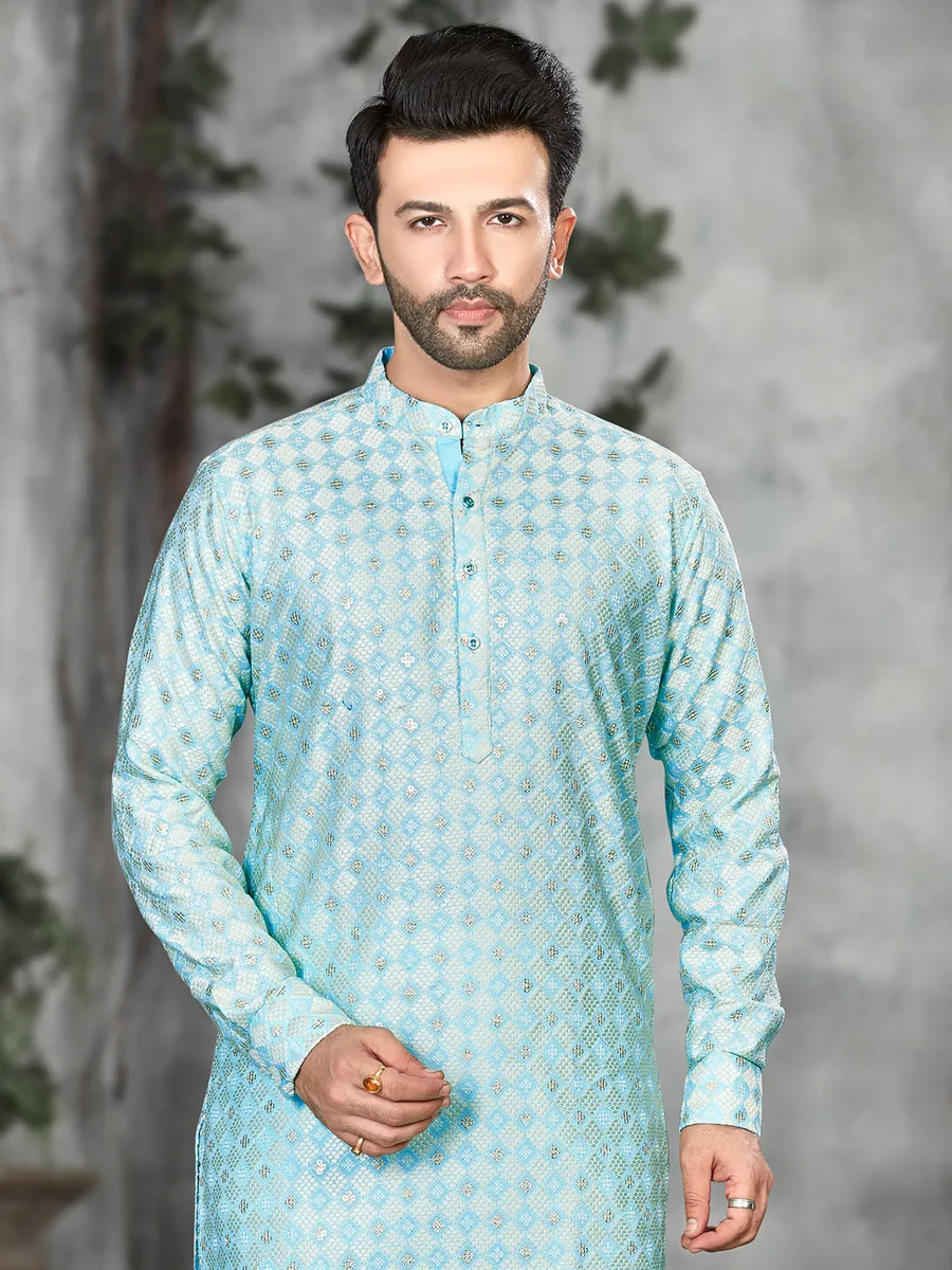 Elegant sky blue silk embroidery kurta suit