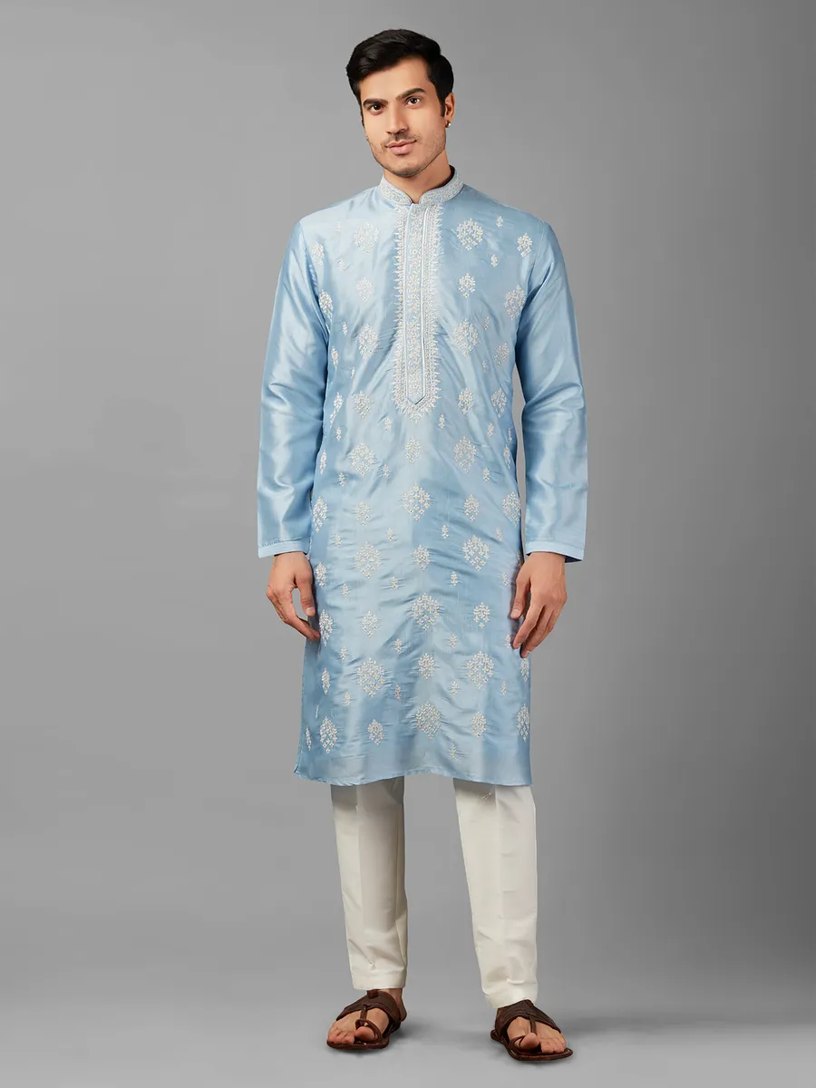 Sky Blue Kurta Pajama Linen Silk main image 1