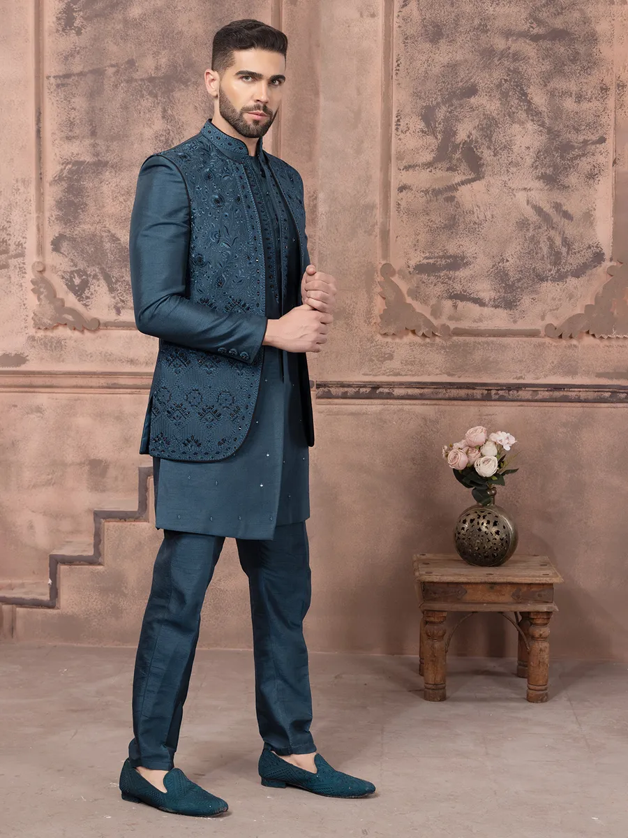 Elegant teal blue silk indowestern