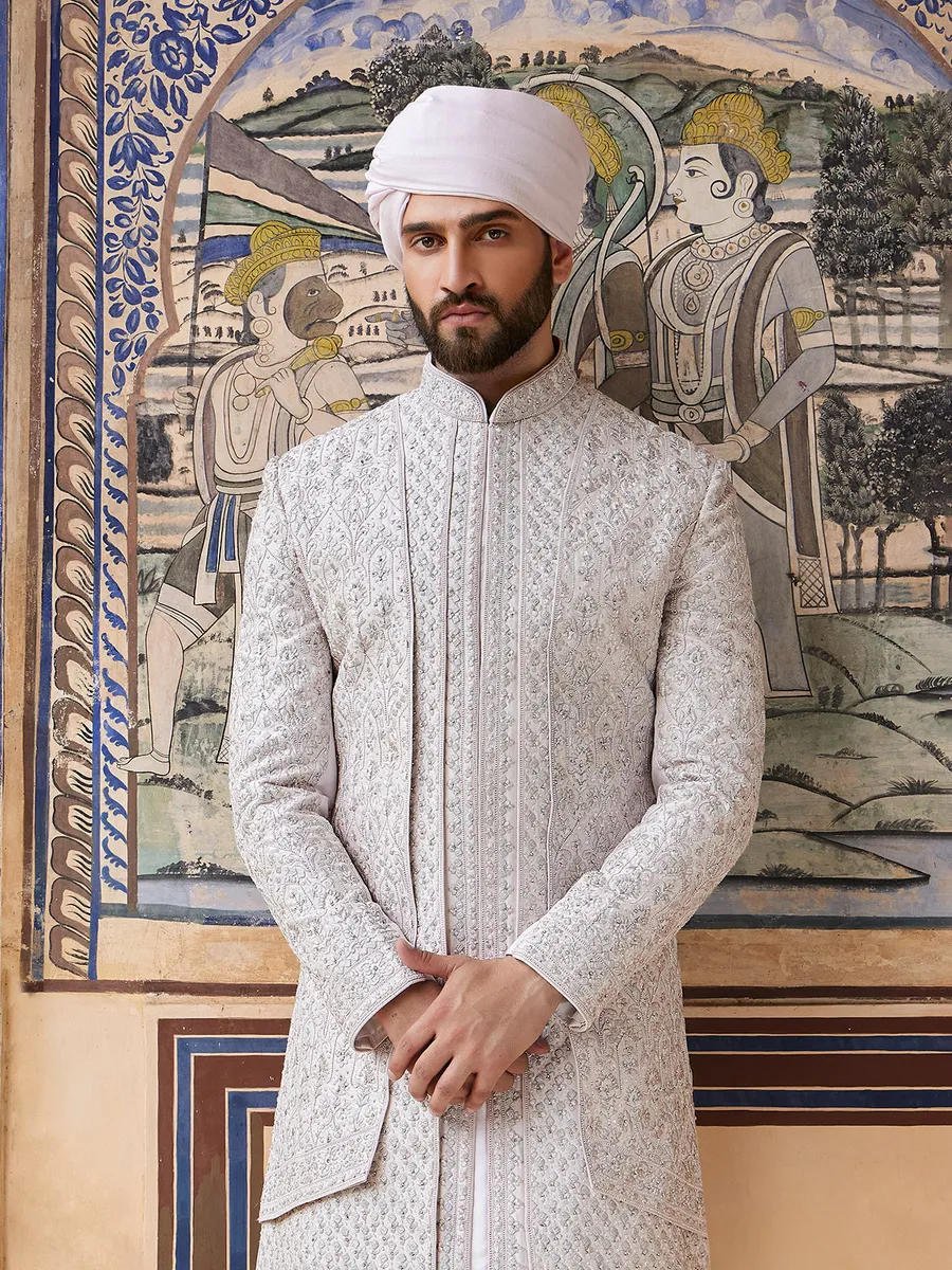 Elegant white silk sherwani
