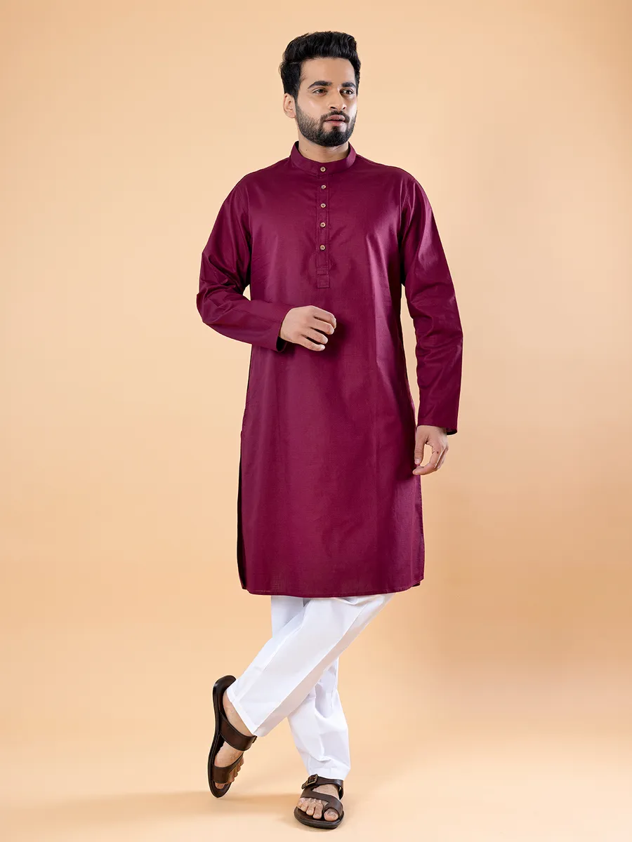 Elegant wine cotton plain  Men Kurta pajama