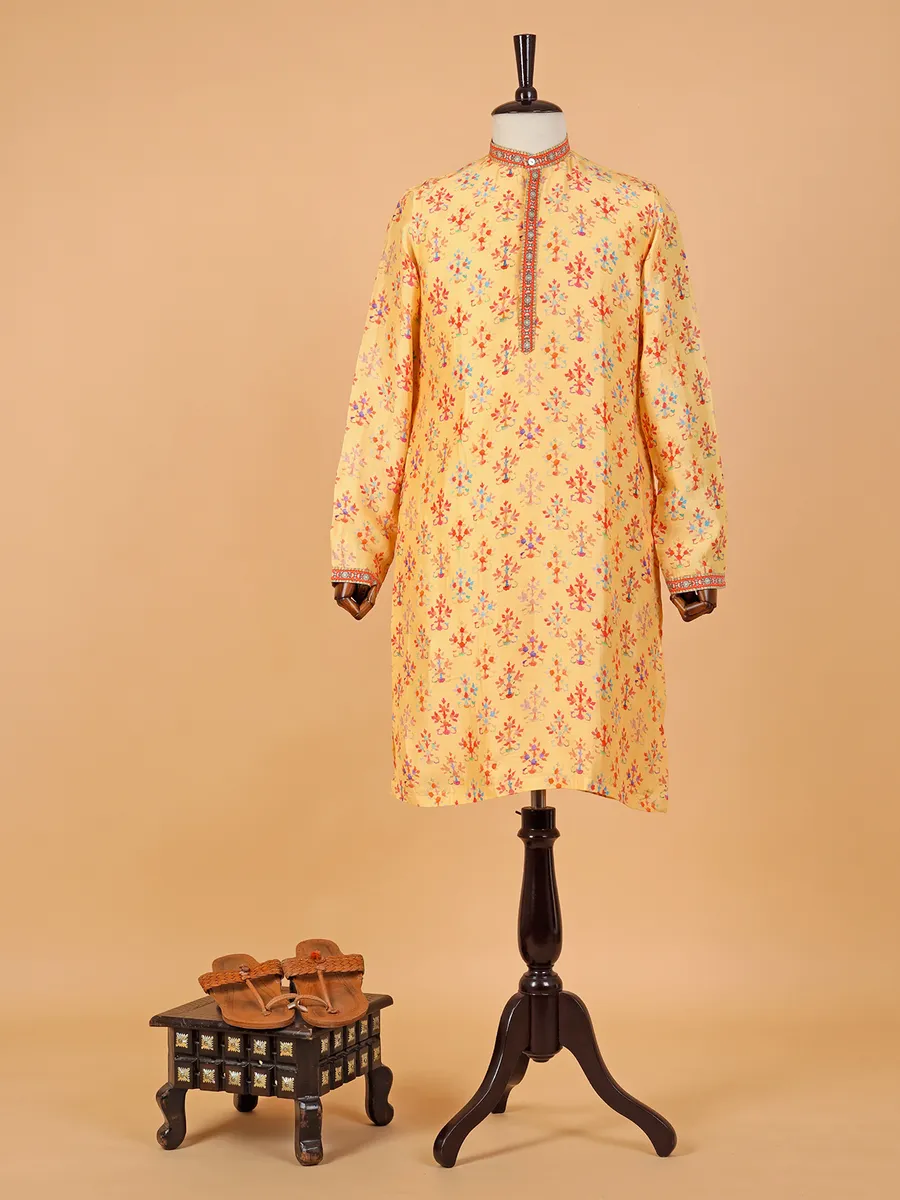 Elegant yellow printed silk  Men Kurta pajama