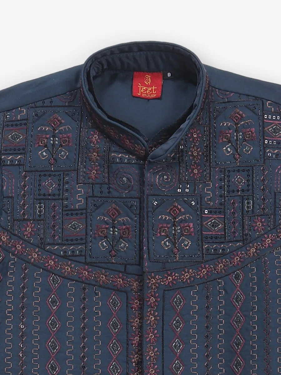 Embellished elegance dark blue waistcoat set for boys
