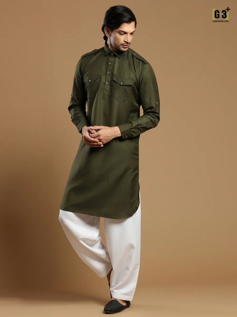 Olive festive wear plain cotton silk pathani suit