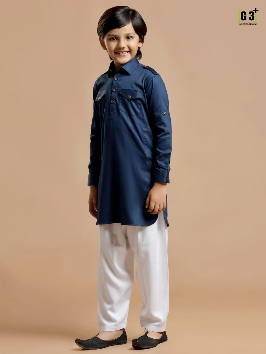 Royal blue plain cotton silk pathani suit