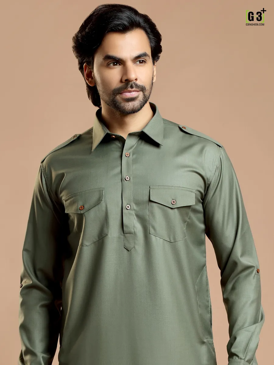 Sage green plain cotton silk pathani suit