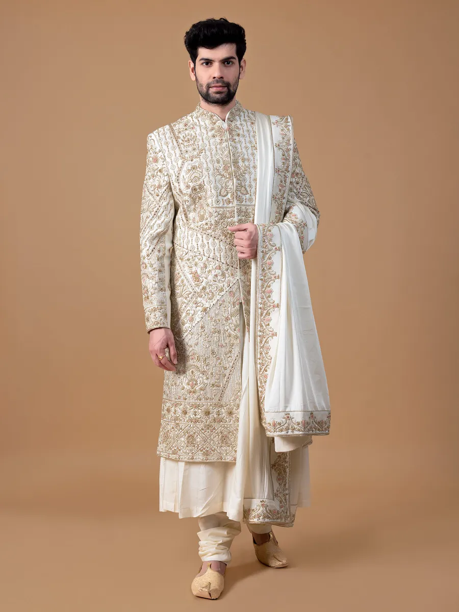 Ethnic cream raw silk sherwani