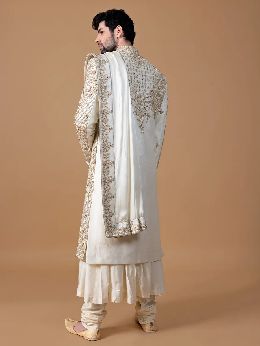 Ethnic cream raw silk sherwani