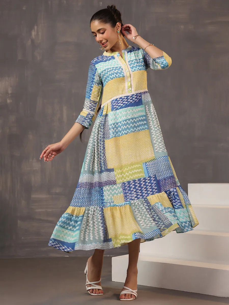 Eye catching beige and blue printed cotton silk kurti