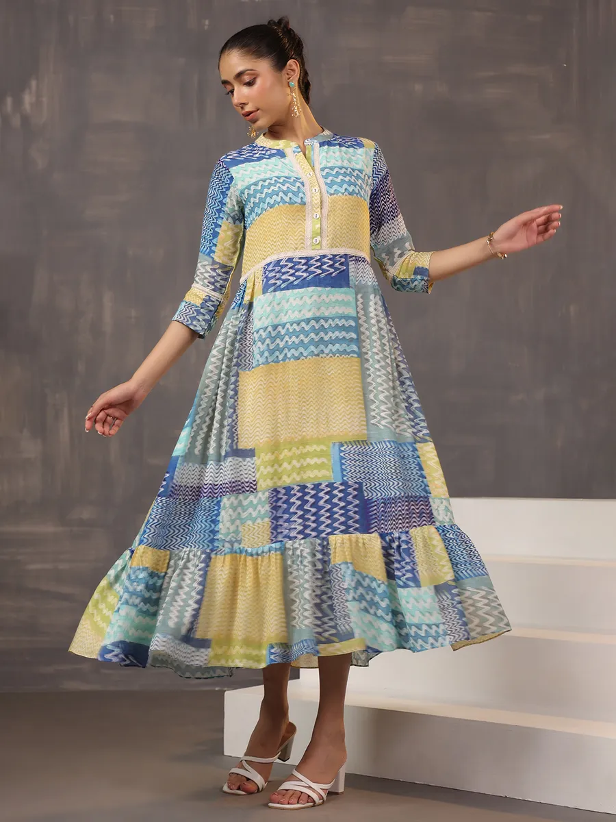 Eye catching beige and blue printed cotton silk kurti