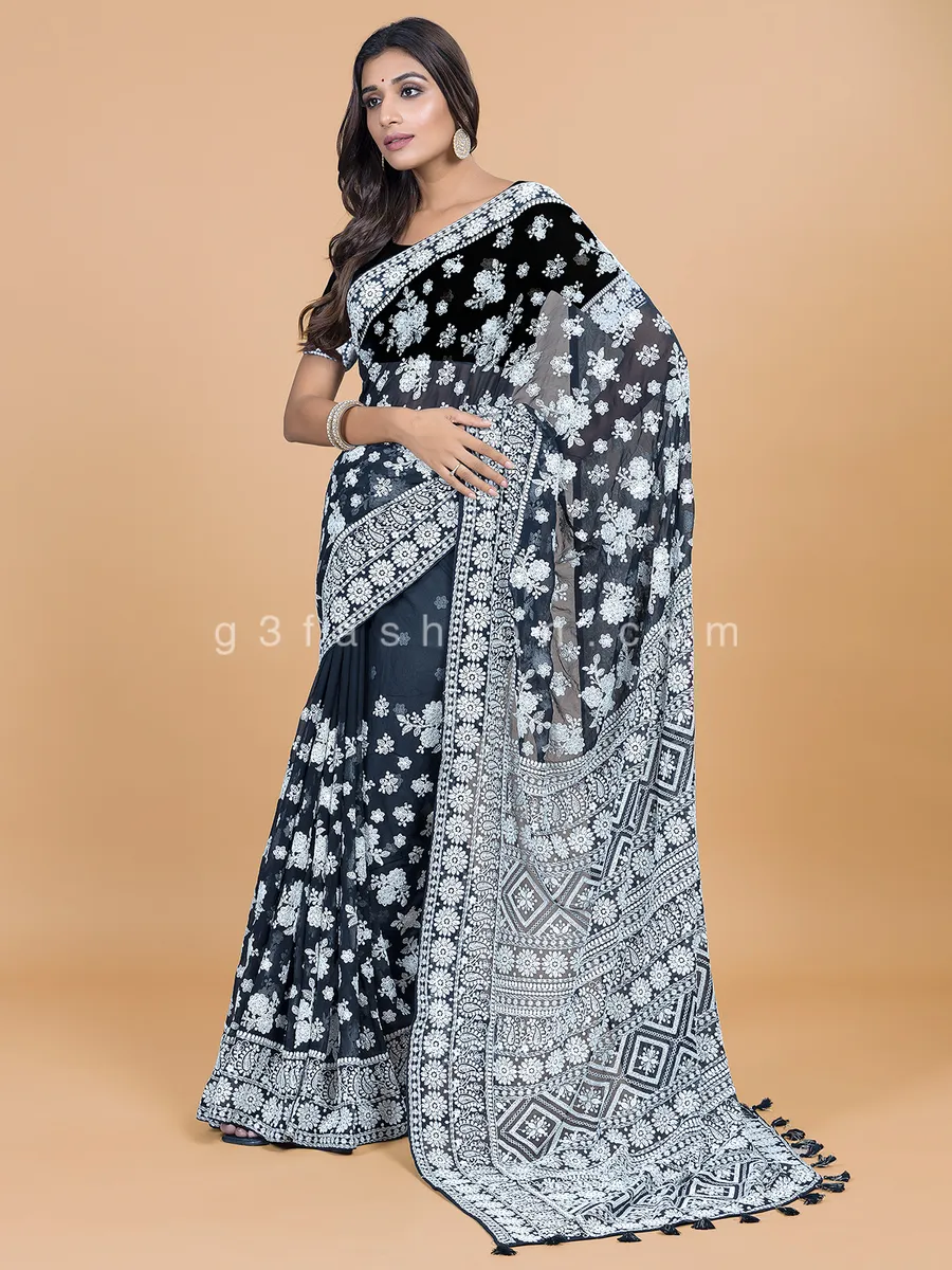 Fabulous black lucknowi georgette saree