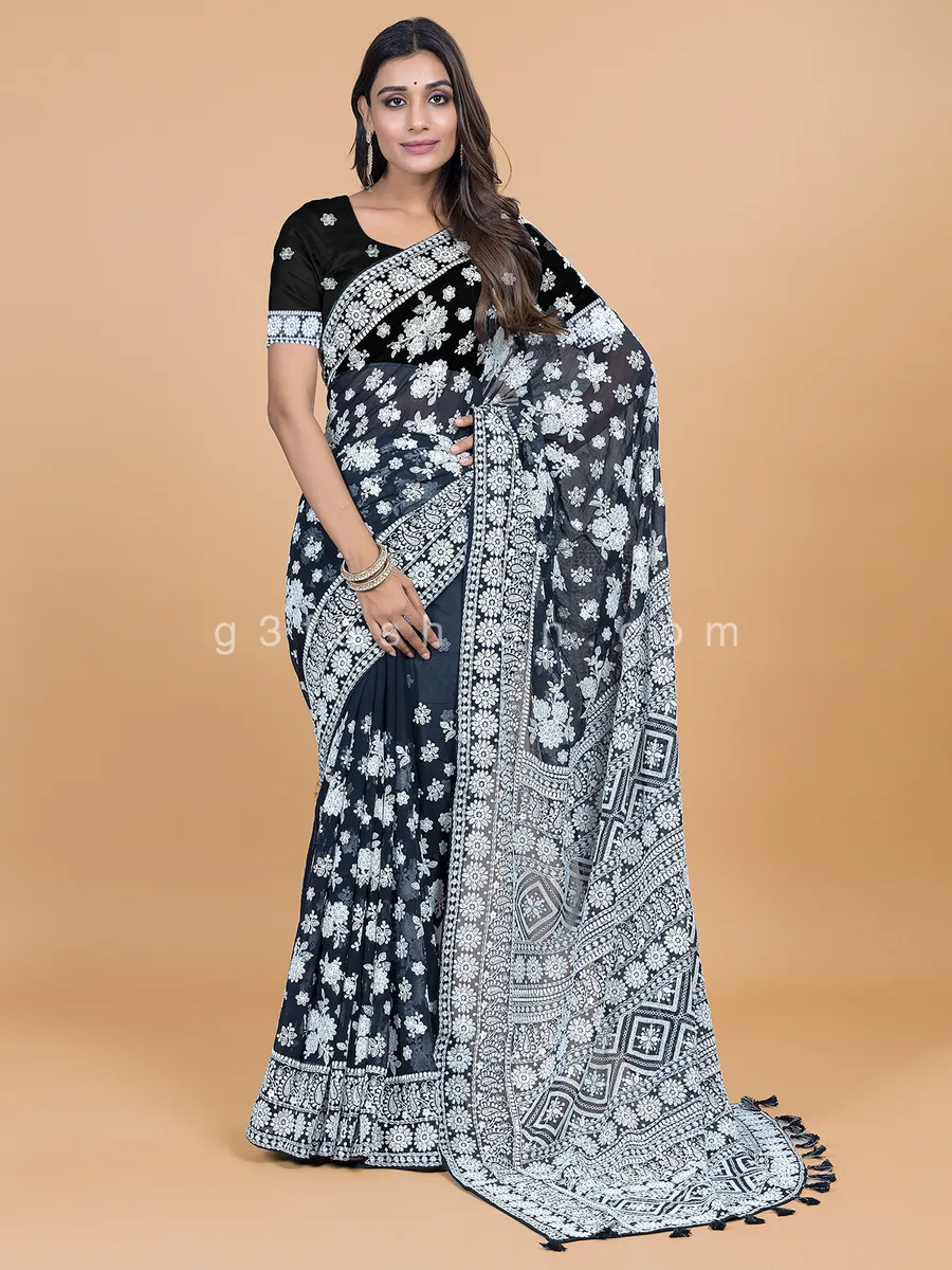 Fabulous black lucknowi georgette saree