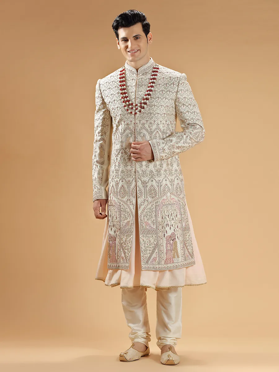 Fabulous cream raw silk sherwani