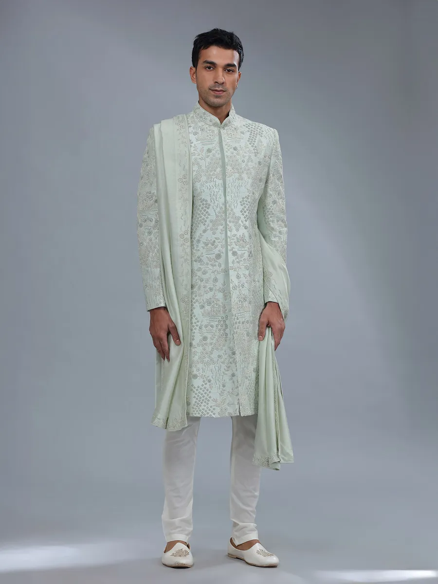 Fabulous light green raw silk sherwani for groom