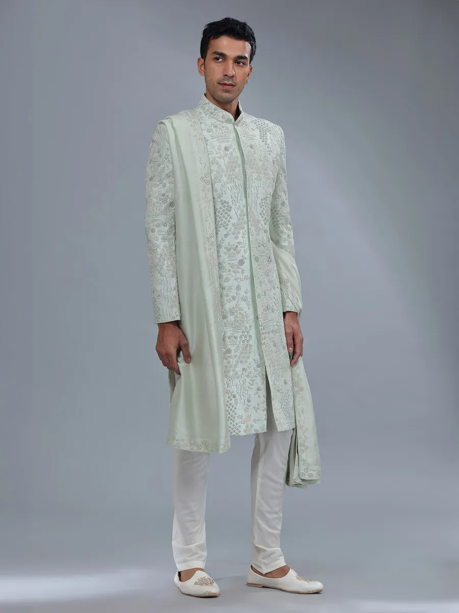 Fabulous light green raw silk sherwani for groom