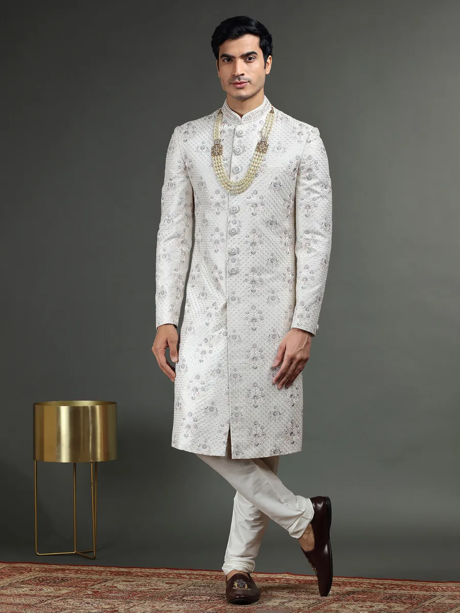 Fabulous off white raw silk sherwani