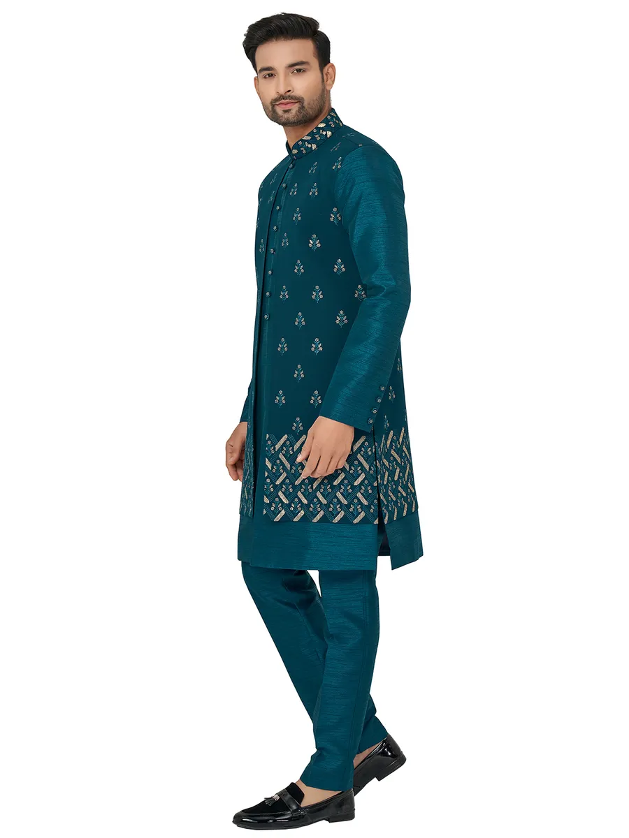 Fabulous rama blue silk indowestern for wedding