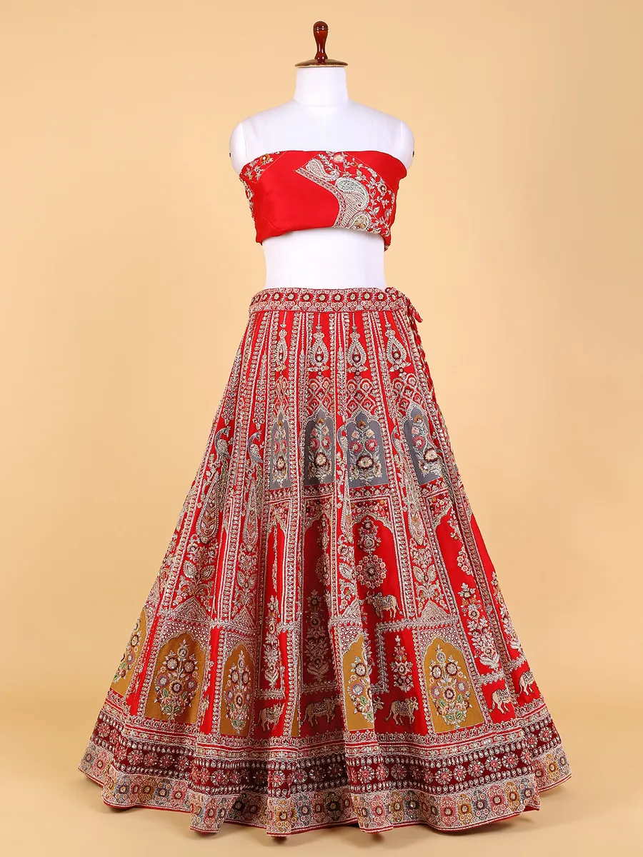 Fabulous red raw silk unstitched lehenga choli