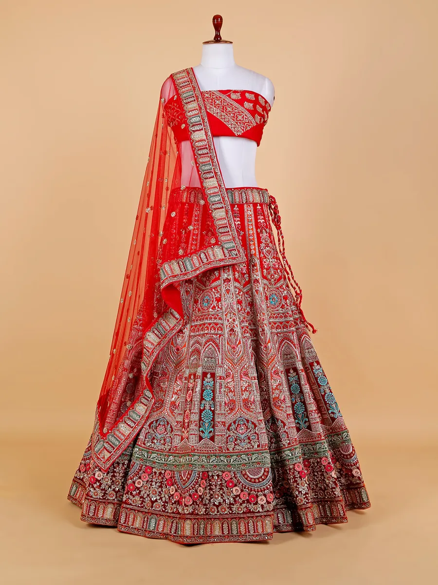 Fabulous red unstitched bridal lehenga choli