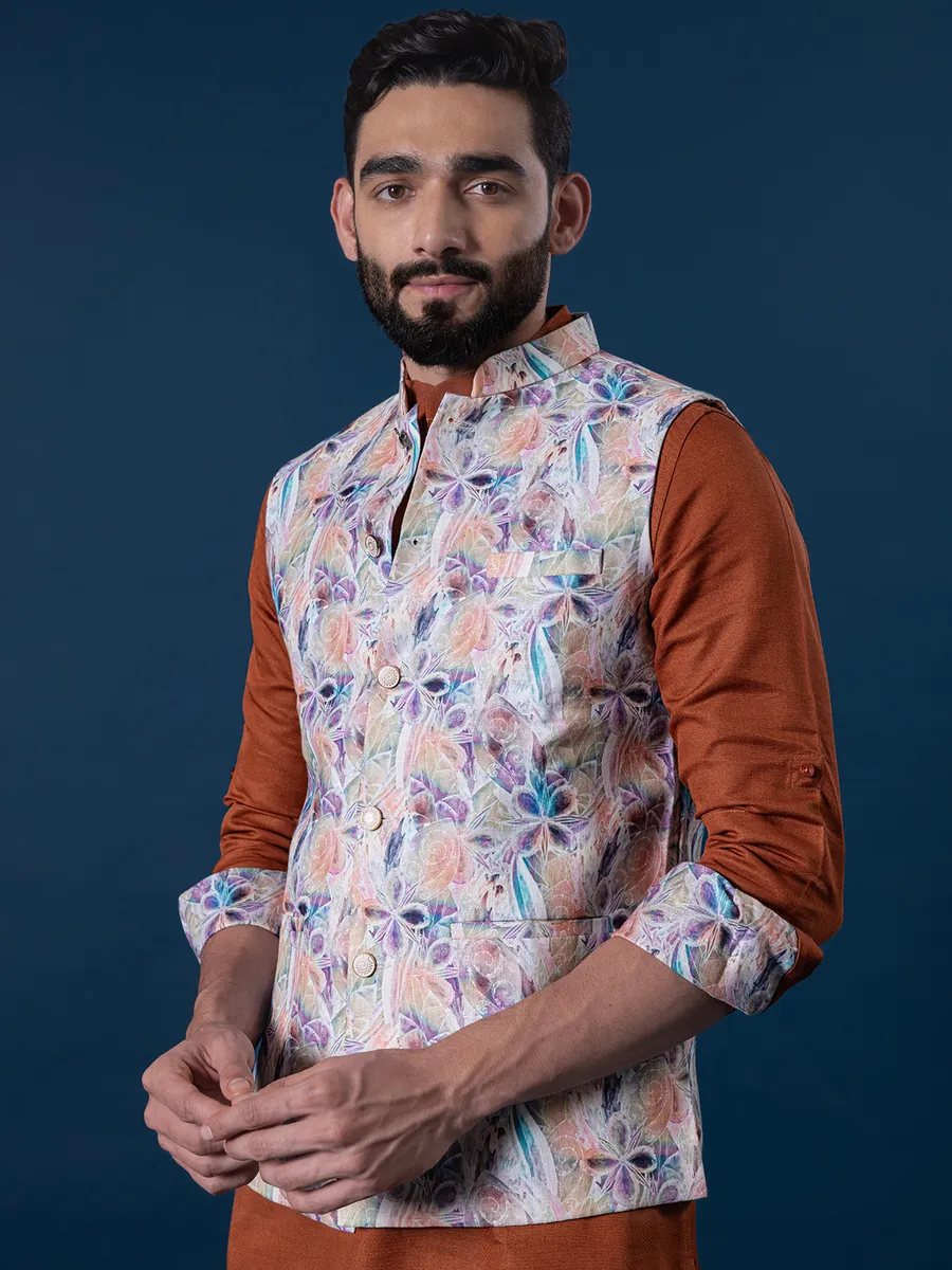 Fabulous rusty orange cotton silk waistcoat set for men