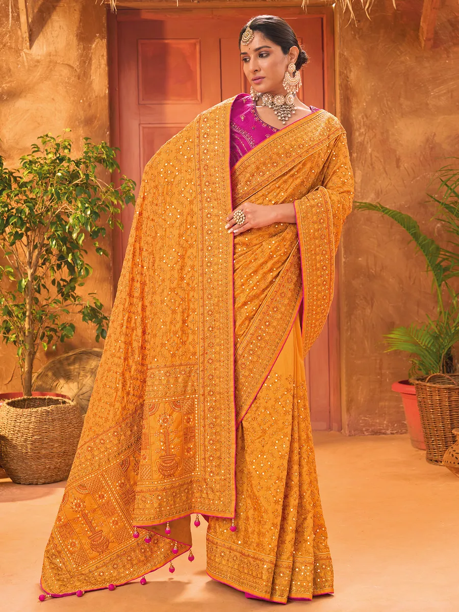 Fashionable mustard yellow banarasi silk saree