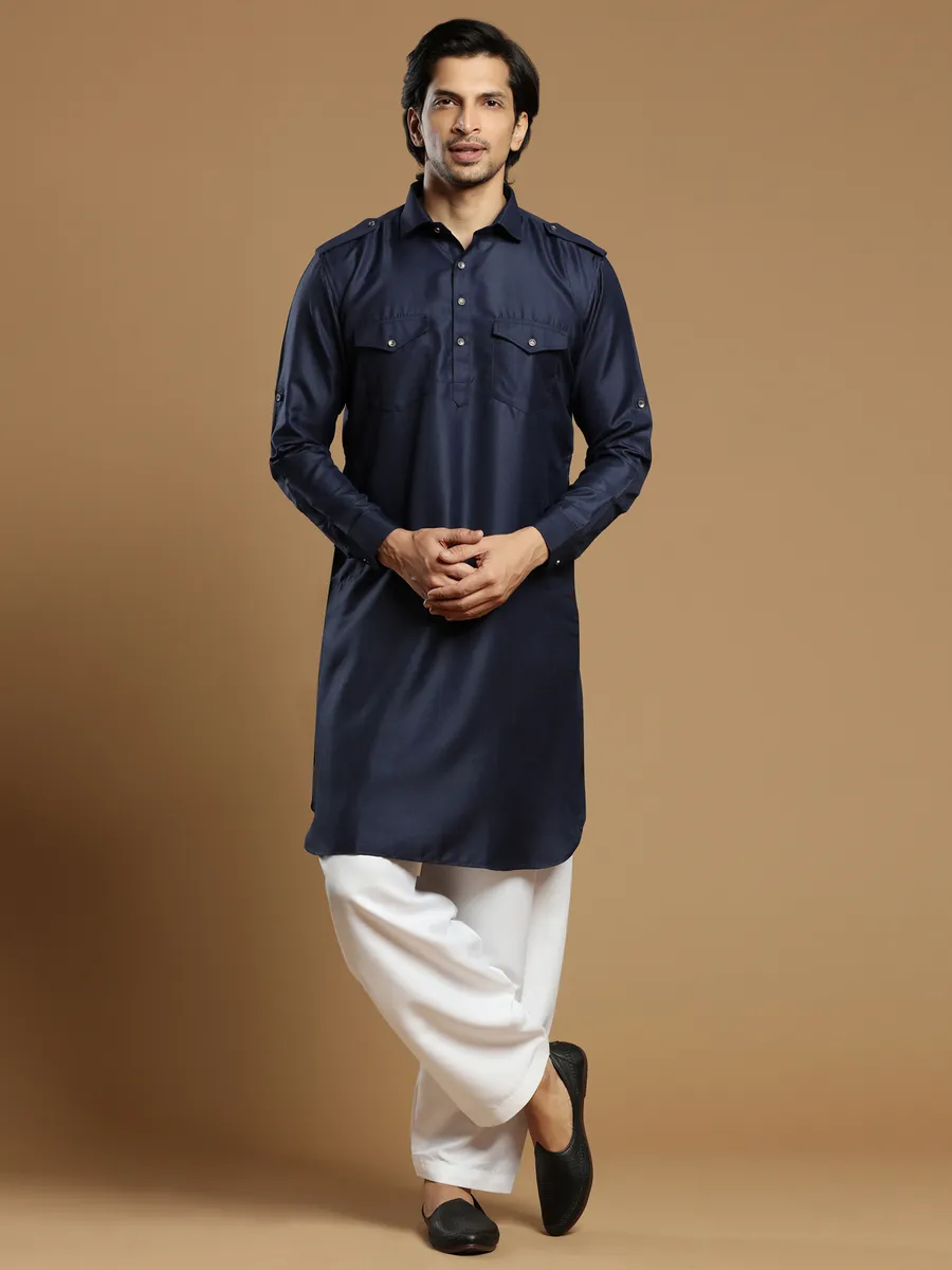 Father son navy hued cotton silk matching pathani suit