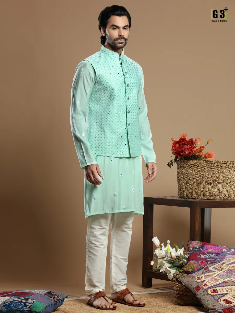 Festive and wedding cotton silk sea green waistcoat set