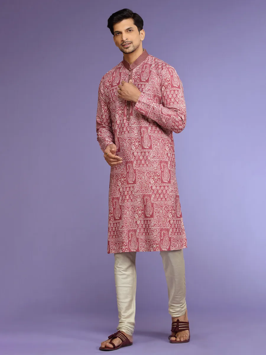 Festive cotton maroon  Men Kurta pajama in printed