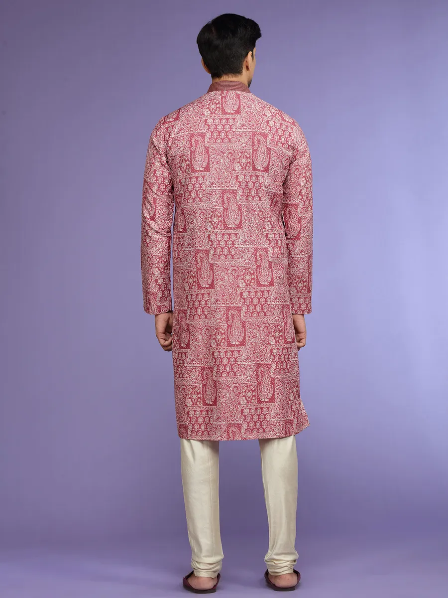 Festive cotton maroon  Men Kurta pajama in printed