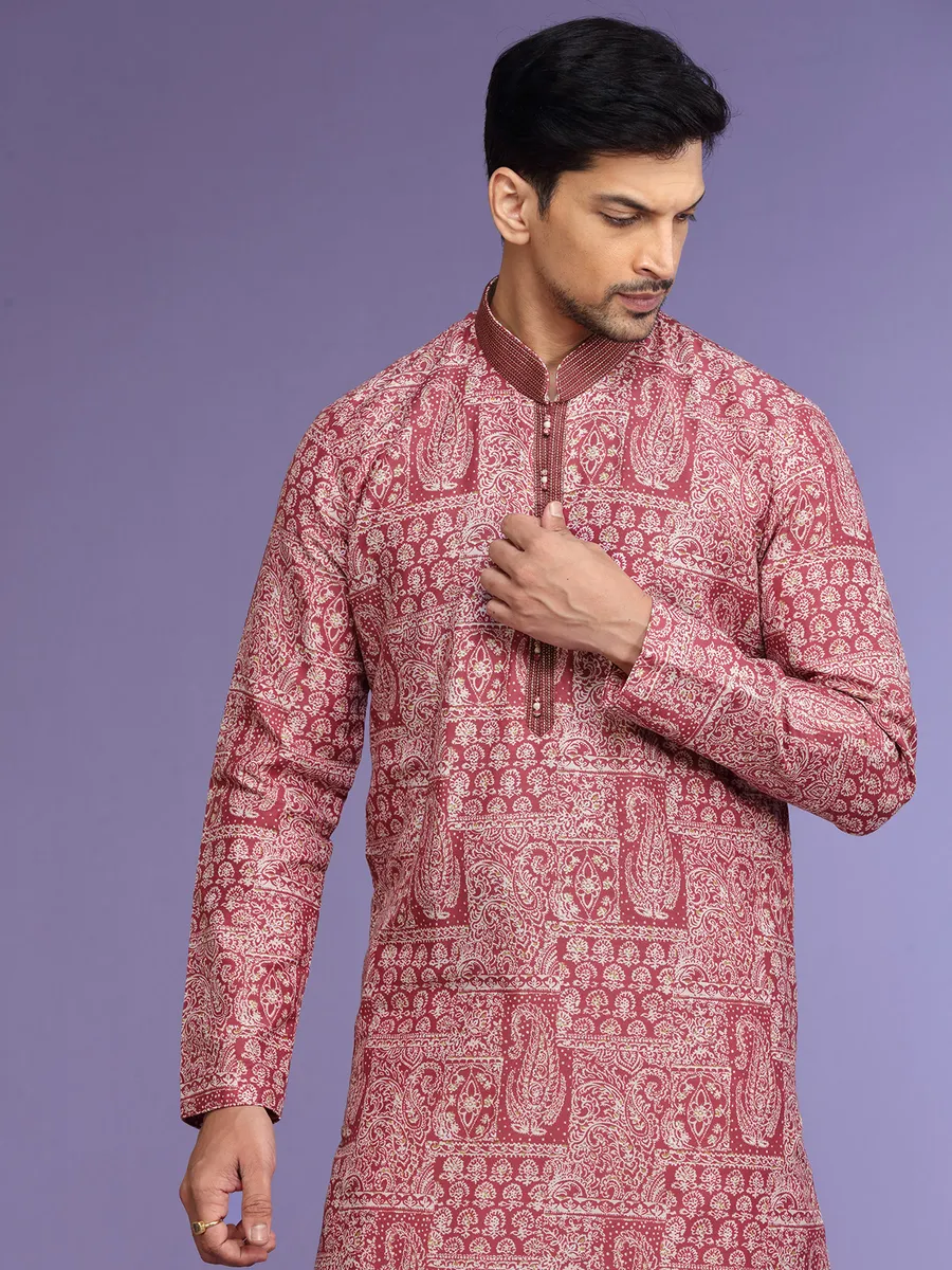 Festive cotton maroon  Men Kurta pajama in printed