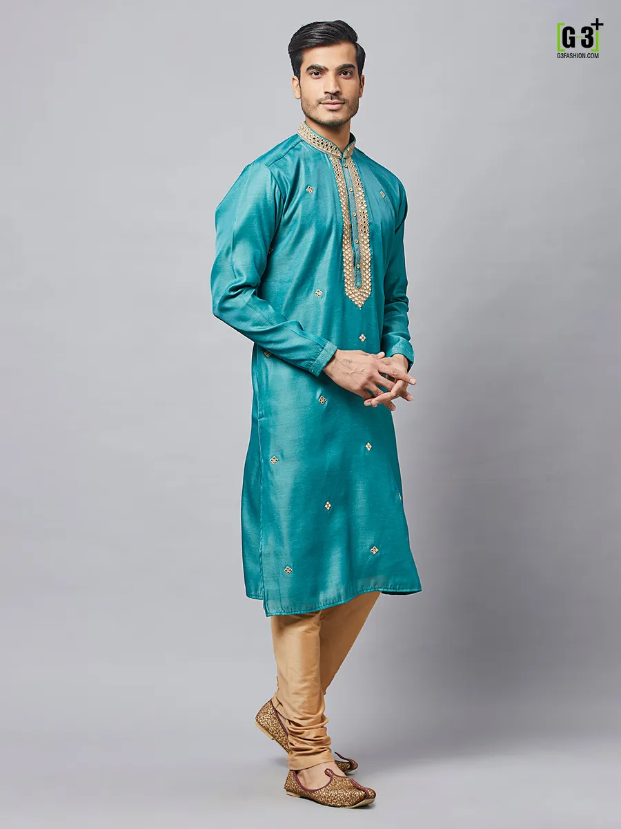 Festive event teal blue silk kurta set for mens
